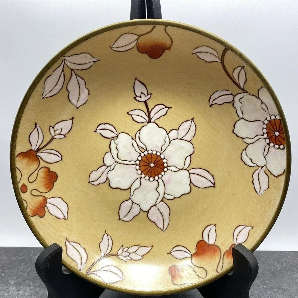 Vintage Crowning Touch Enamel Brass Rim Bowl Floral Asian Hong Kong 7.5